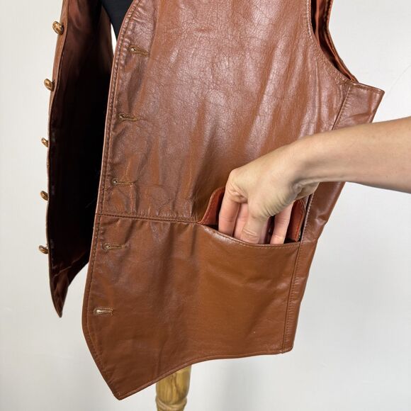 Vintage 70s Genuine Leather Cognac Brown Vest | JCPenny Western Cowboy - Picture 5 of 13